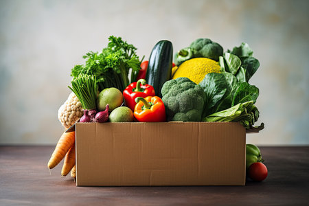 Box of fresh organic vegetables on wooden table. Healthy food background.の素材