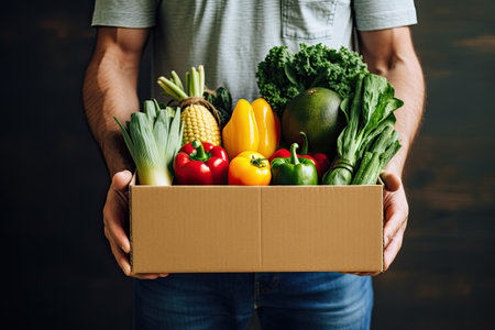 Man holding box with fresh vegetables on dark background, closeup.の素材