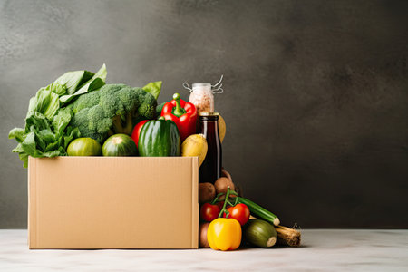 Box with fresh organic vegetables on table against grey background. Space for textの素材
