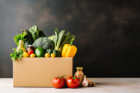 Box of fresh organic vegetables on wooden table and blackboard background.の素材