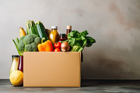 Box with different products on grey background. Grocery delivery concept.の素材