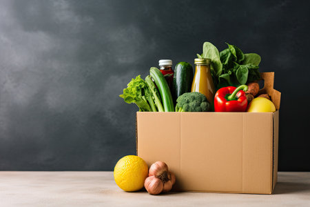 Box of fresh organic vegetables and fruits on wooden table in the gardenの素材