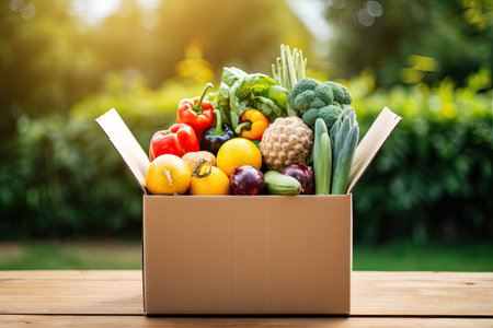 Box with fresh organic vegetables and fruits. Healthy food shopping concept.の素材