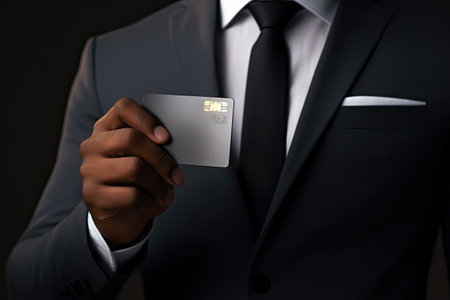 Businessman holding a credit card in his hand, close-upの素材
