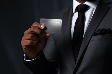 Close-up of a man's hand holding a credit card.の素材