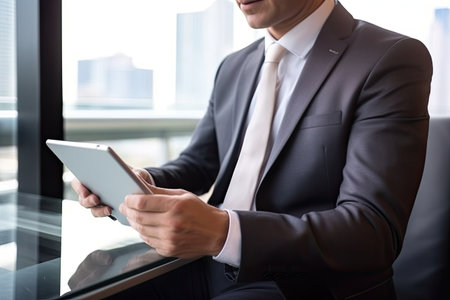 Cropped image of businessman using digital tablet while sitting on sofa in officeの素材