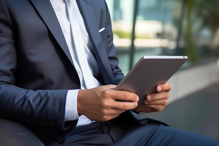 Businessman using tablet computer in office. Close up of male hands holding digital tablet.の素材