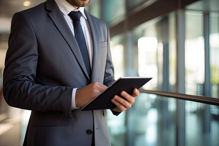 Mid section of businessman using digital tablet in corridor of office building during breakの素材
