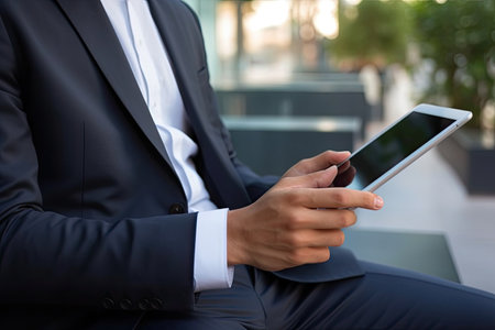 Businessman using digital tablet in the office. Close up of hands.の素材