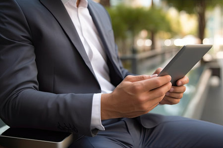 Businessman using digital tablet in office. Close up of male hands holding tablet.の素材