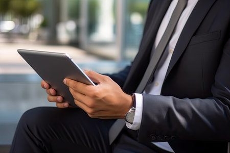 Mid section of businessman using digital tablet while sitting on bench in officeの素材