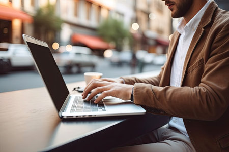 Cropped image of young businessman using laptop while sitting in cafe outdoorsの素材