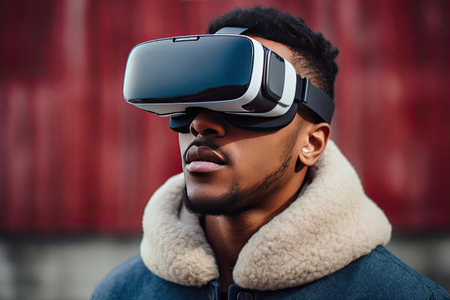 African american man in VR glasses. Portrait of a young african american man wearing virtual reality goggles.の素材