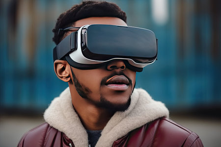 African american man in leather jacket and vr headset looking awayの素材
