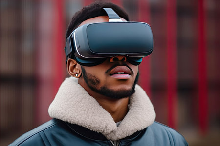 African american man in virtual reality headset. Young african american man wearing VR glasses.の素材