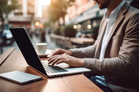 Cropped image of young businessman using laptop while sitting in cafe outdoorsの素材