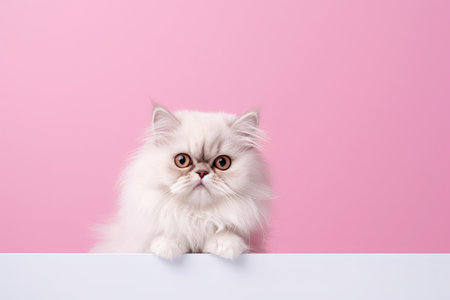 Cute white persian cat on a pink background. Copy spaceの素材