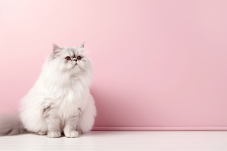 White persian cat sitting on the floor in front of pink wallの素材