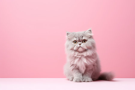 Cute white persian cat on pink background. Copy space.の素材