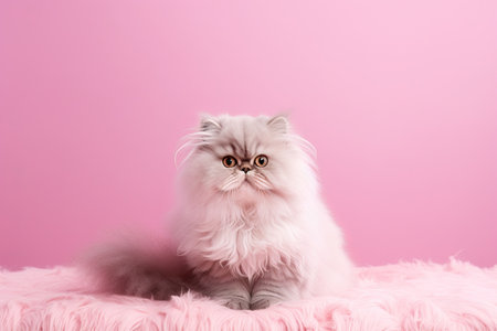 Cute persian cat on pink background, closeup. Fluffy petの素材