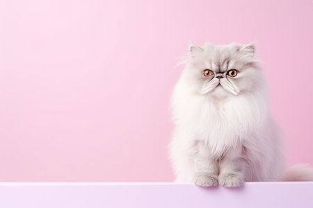 Cute white persian cat with funny face on pink background, copy spaceの素材