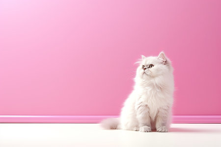Cute little persian kitten sitting on floor against color wall backgroundの素材