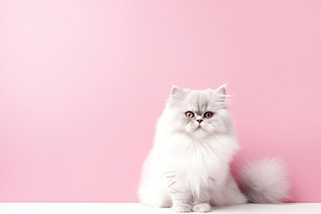 White persian cat sitting on a pink background with copy space.の素材