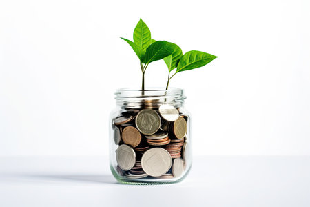Investment concept, Coins in jar with tree growing on white backgroundの素材
