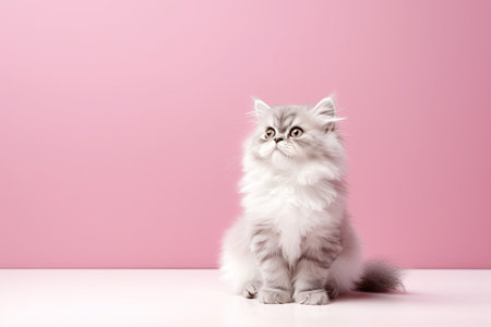 Cute white persian kitten sitting on pink background with copy spaceの素材