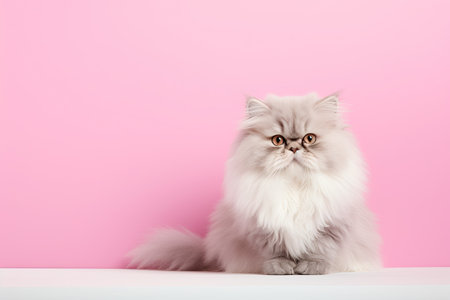 Persian cat sitting on a pink background with copy space for textの素材