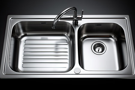 stainless steel kitchen sink with faucet on black backgroundの素材