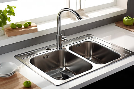 Kitchen faucet and sink in modern kitchen. 3d renderingの素材