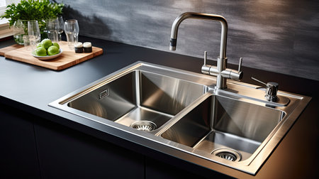 Modern kitchen with stainless steel sink and faucet. 3d renderingの素材