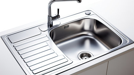 Modern stainless steel sink with faucet on white background. 3d renderの素材
