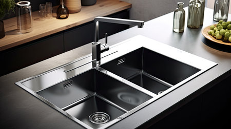 Modern kitchen sink with faucet in the kitchen. 3d renderingの素材