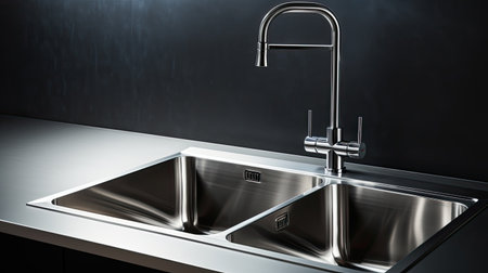 Modern stainless steel kitchen sink and faucet on a black wallの素材