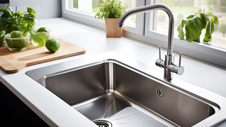 Kitchen sink and faucet in modern kitchen with green plantsの素材