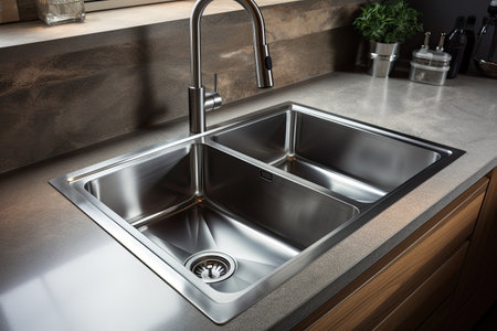 Kitchen sink and faucet on countertop in modern kitchenの素材