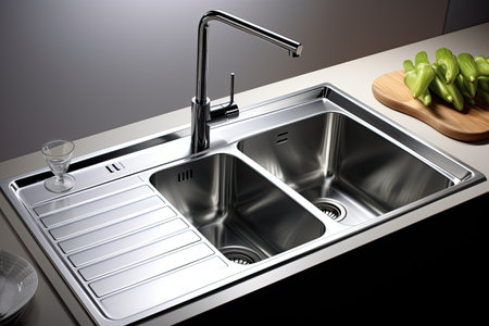 Kitchen sink with faucet and glass of water. 3d renderingの素材