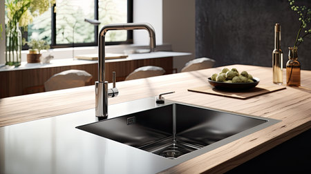 Modern kitchen interior with sink and faucet. 3D Renderingの素材