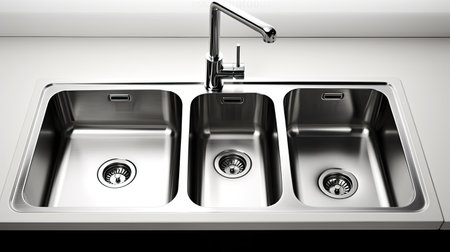 3d render of stainless steel sink with faucet in kitchenの素材