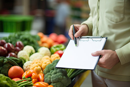 Closeup of a woman holding a clipboard and writing in a grocery storeの素材