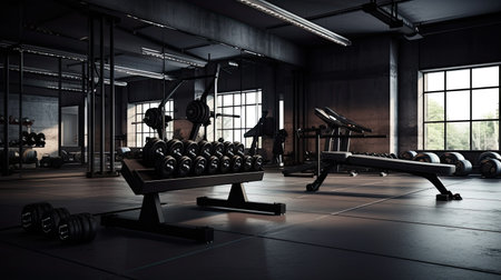 Interior of a fitness hall with gym equipment. 3D renderingの素材