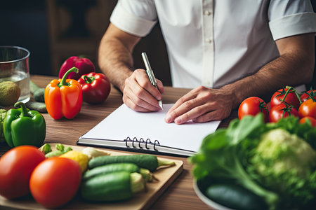 Cropped image of man writing in notebook while cooking in kitchen at homeの素材