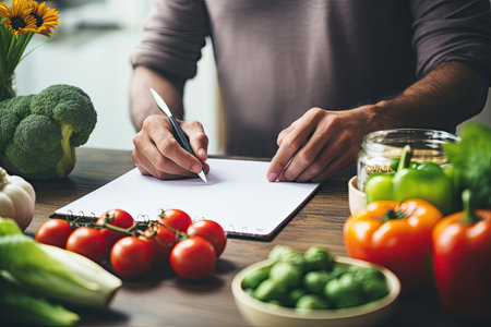 Close up of male hands making notes while cooking in the kitchen. Man is holding a pen and cutting vegetables.の素材