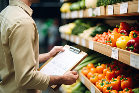 cropped view of man holding clipboard with vegetables on shelf in supermarketの素材