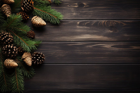 Christmas fir tree branches with cones on wooden background. Top view with copy spaceの素材