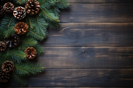 Christmas fir tree branches with cones on dark wooden background. Top view with copy spaceの素材