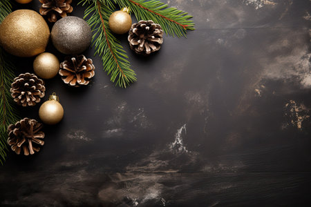 Christmas greeting card. Festive decoration on wooden background. New Year concept. Copy space.  Flat lay. Top view.の素材