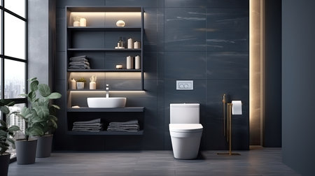 Interior of modern bathroom with black tile walls, concrete floor, comfortable white bathtub standing on gray countertop and bookcase with towels. 3d renderingの素材